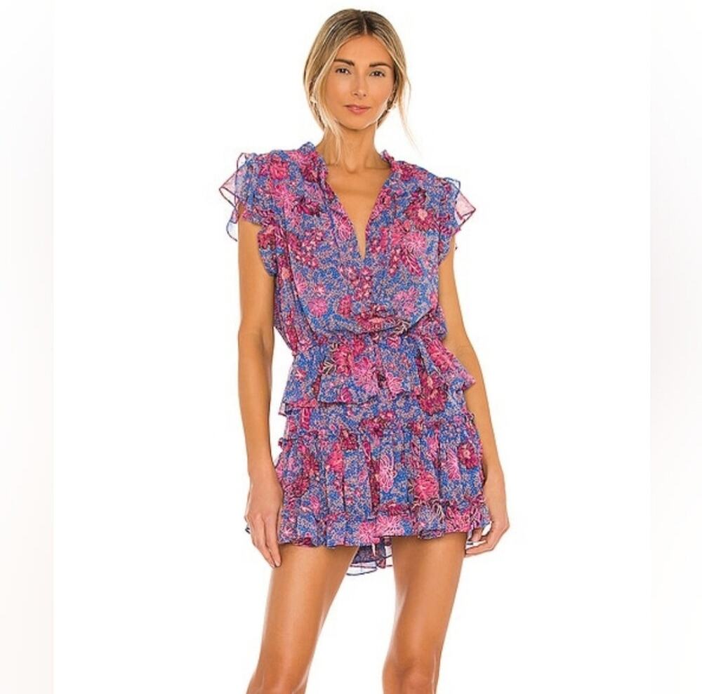MISA Los Angeles Blue Pink Night Blooms Lilian Dress Mini Dress Size Large